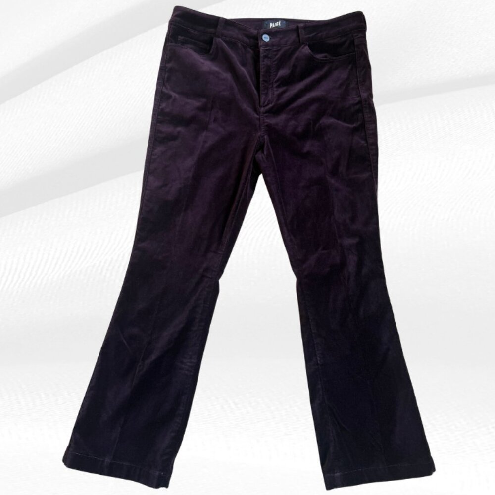 PAIGE Black Cherry Velvet Flare Pants Luxe Cotton Stretch Denim Sz 31
